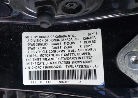 2017 Honda Civic Ex-T from USA, damaged, VIN 2HGFC1F36HH654793